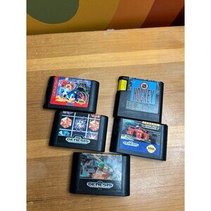 Vintage sega genesis video game baseball, sonic spin ball, hockey,